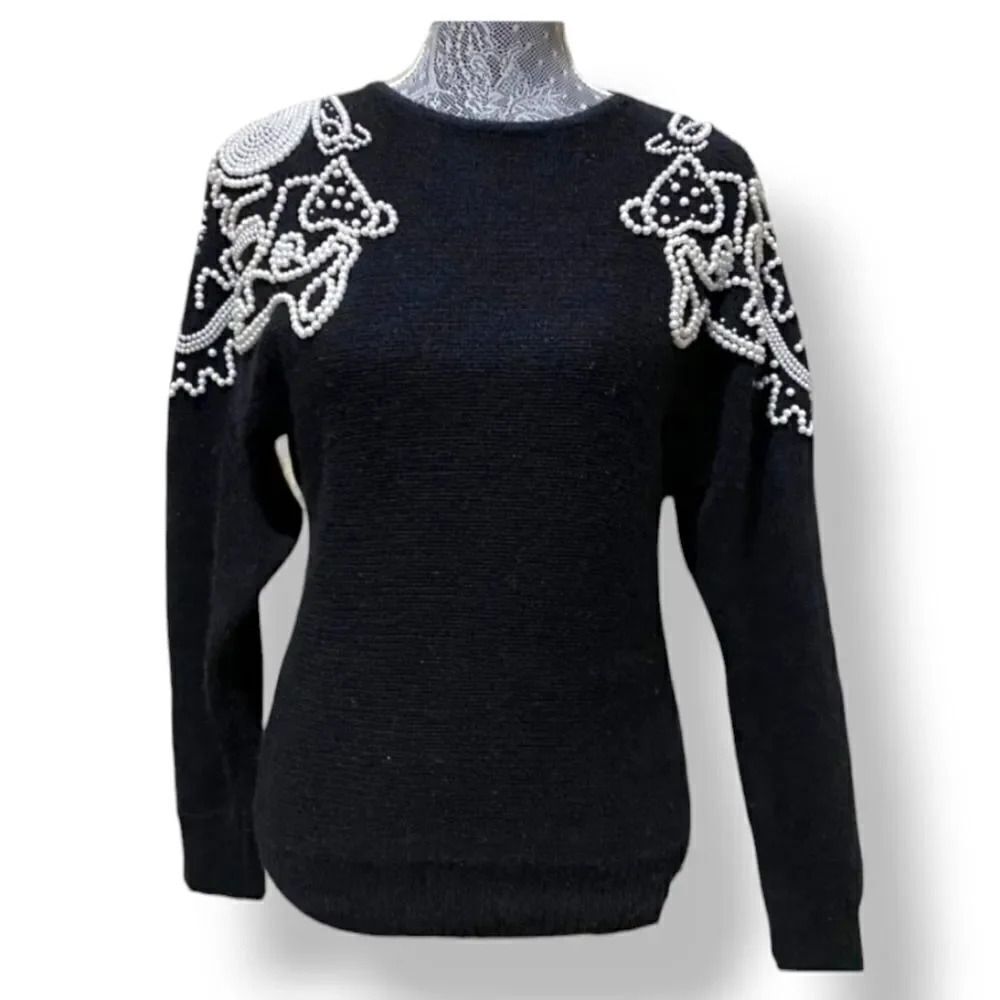 Vintage 80's Work In Progress Pearl Angora Wool Silk Blend Sweater in Black Med - Picture 9 of 10